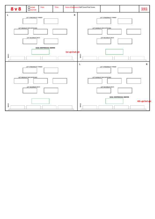 Soccer Formation Lineup Sheet 8v8 2-3-2 Printable pdf