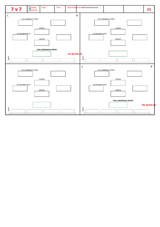 Fillable Soccer Formation Lineup Sheet 7v7 4-2 Printable pdf