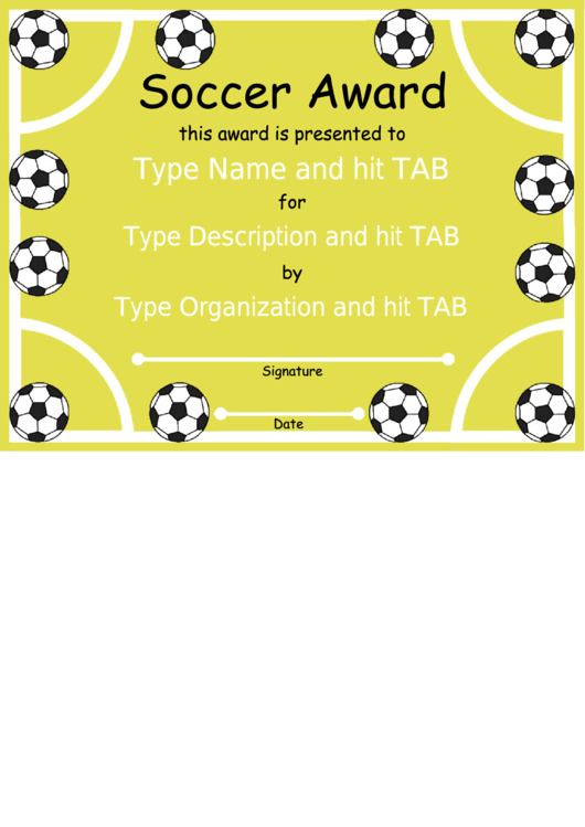 Fillable Soccer Award Certificate Template Printable pdf