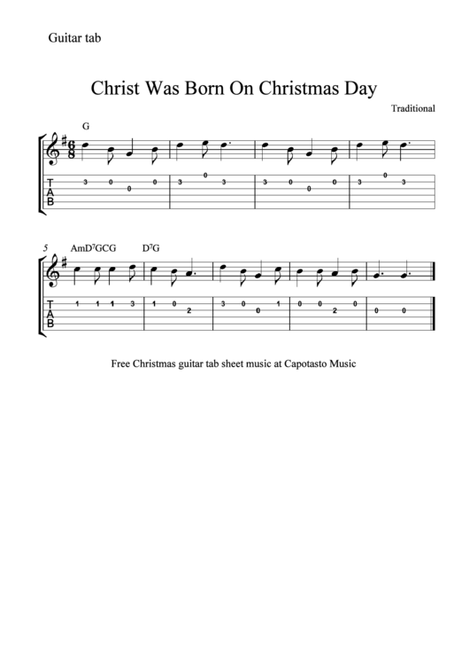Christ Was Born On Christmas Day Guitar Sheet Music Printable pdf