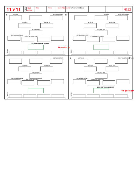 Soccer Formation Lineup Sheet 11v11 4-1-2-3 Printable pdf