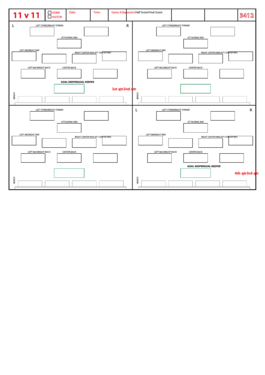 Soccer Formation Lineup Sheet 11v11 3412 printable pdf download