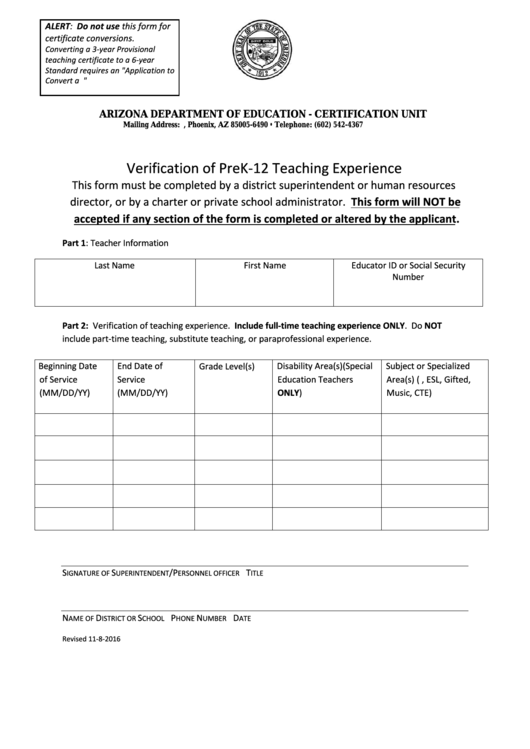 Verification Of Prek-12 Teaching Experience - Arizona Department Of Education Printable pdf