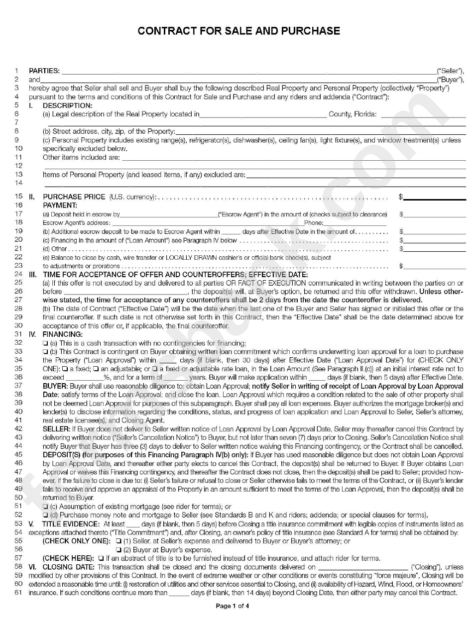 Contract For Sale And Purchase Template
