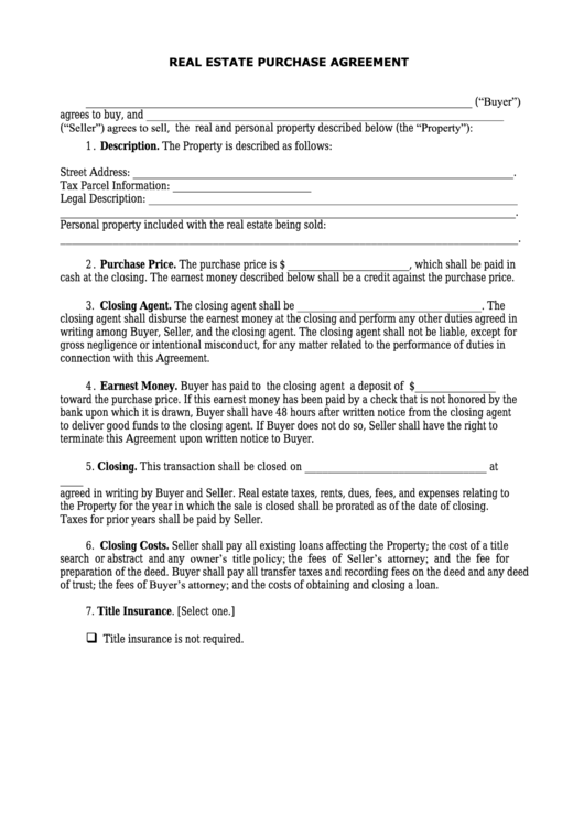 Real Estate Purchase Agreement Template Printable pdf