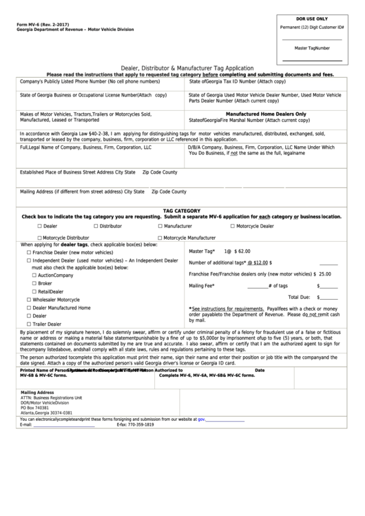 Fillable Form Mv-6 - Dealer, Distributor, Manufacturer, And Transporter Tag Application Printable pdf
