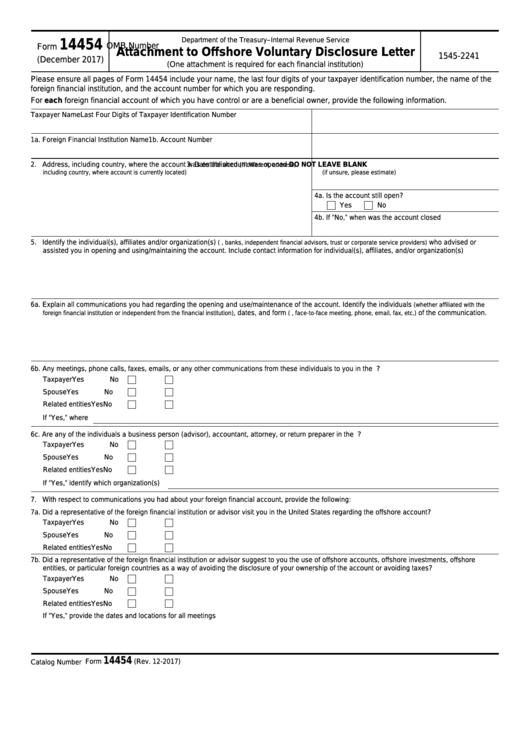 Fillable Form 14454 - Attachment To Offshore Voluntary Disclosure Letter Printable pdf