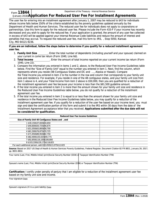 Fillable Form 13844 - Application For Reduced User Fee For Installment Agreements Printable pdf