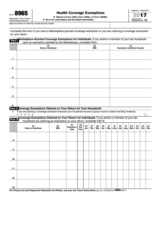 Fillable Form 8965 - Health Coverage Exemptions - 2017 Printable pdf