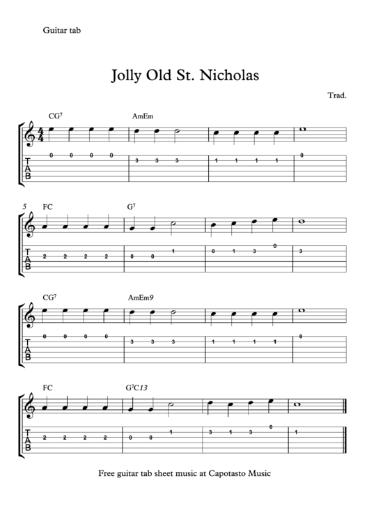 Jolly Old St. Nicholas Guitar Sheet Music Printable pdf