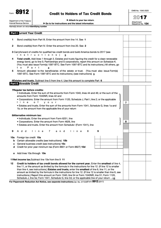 Fillable Form 8912 - Credit To Holders Of Tax Credit Bonds - 2017 Printable pdf