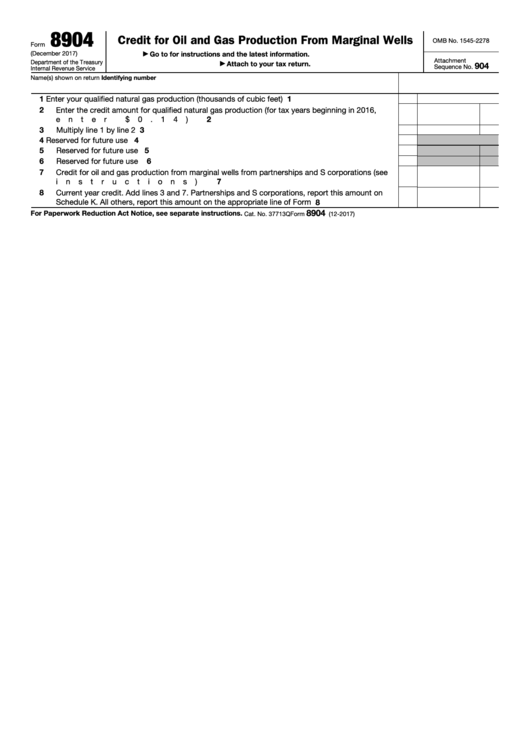 Fillable Form 8904 - Credit For Oil And Gas Production From Marginal Wells Printable pdf
