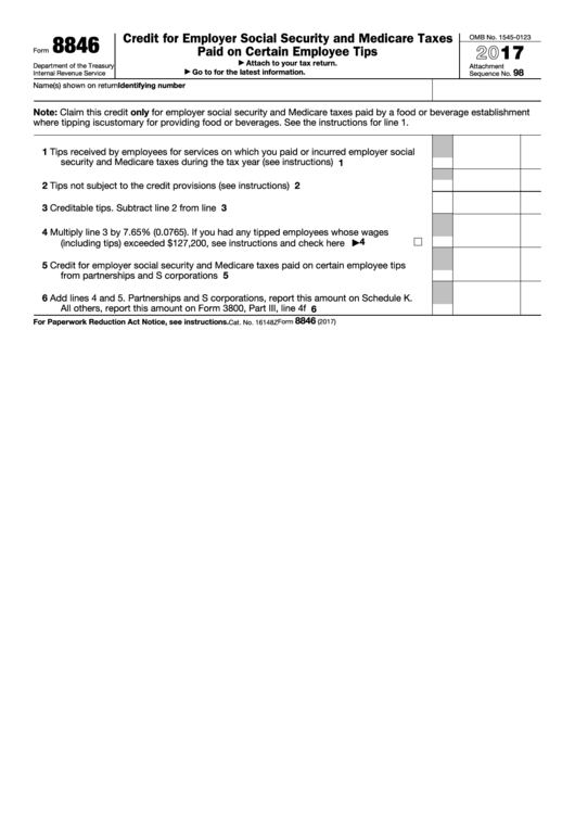 Fillable Form 8846 - Credit For Employer Social Security And Medicare Taxes Paid On Certain Employee Tips - 2017 Printable pdf