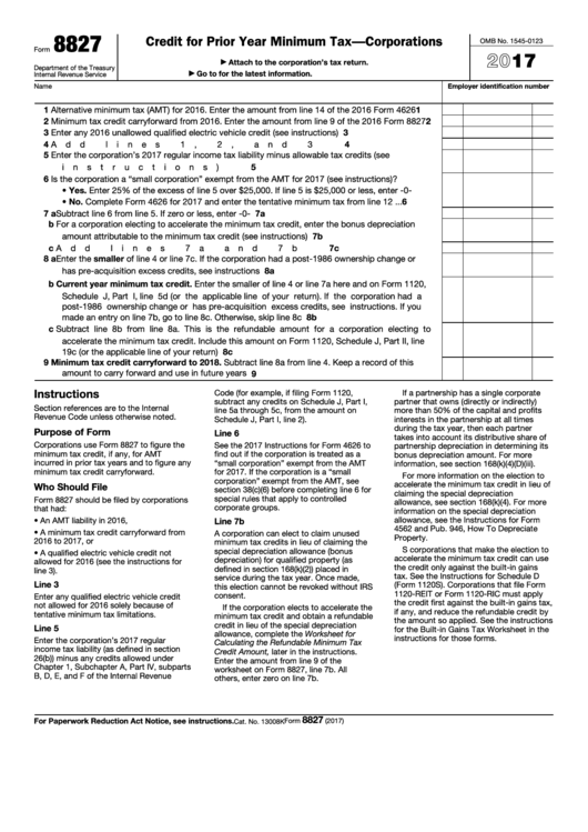 Fillable Form 8827 - Credit For Prior Year Minimum Tax-Corporations - 2017 Printable pdf