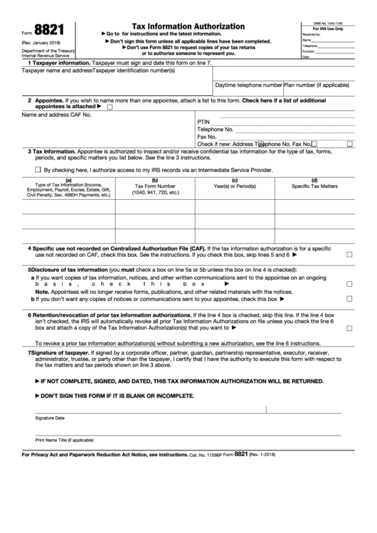 Fillable Form 8821 - Tax Information Authorization Printable pdf