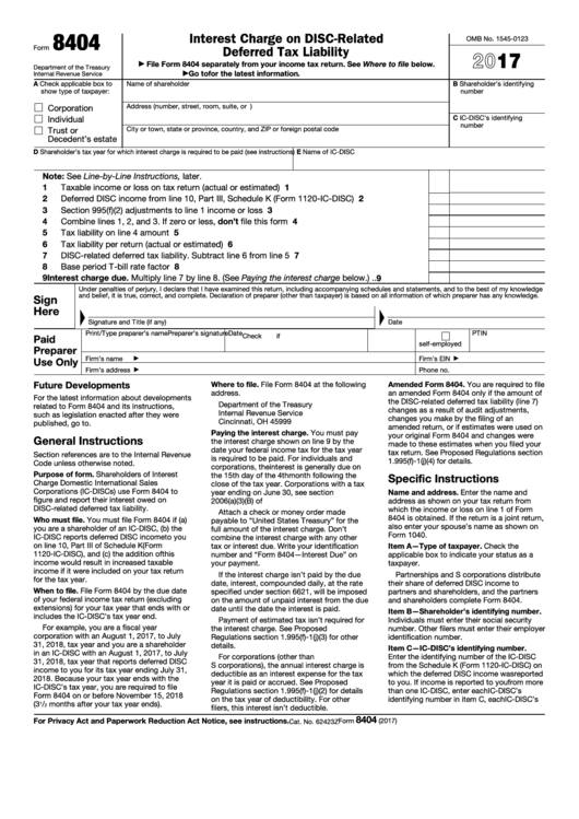 Fillable Form 8404 - Interest Charge On Disc-Related Deferred Tax Liability - 2017 Printable pdf