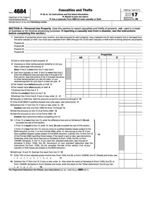 Fillable Form 4684 - Casualties And Thefts - 2017 Printable pdf
