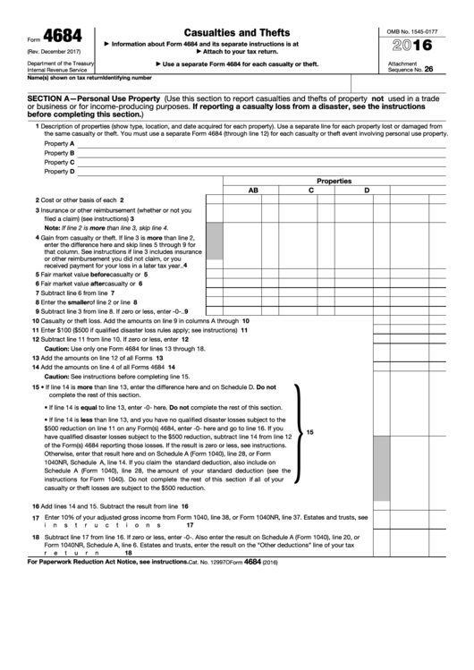 Fillable Form 4684 - Casualties And Thefts - 2016 Printable pdf