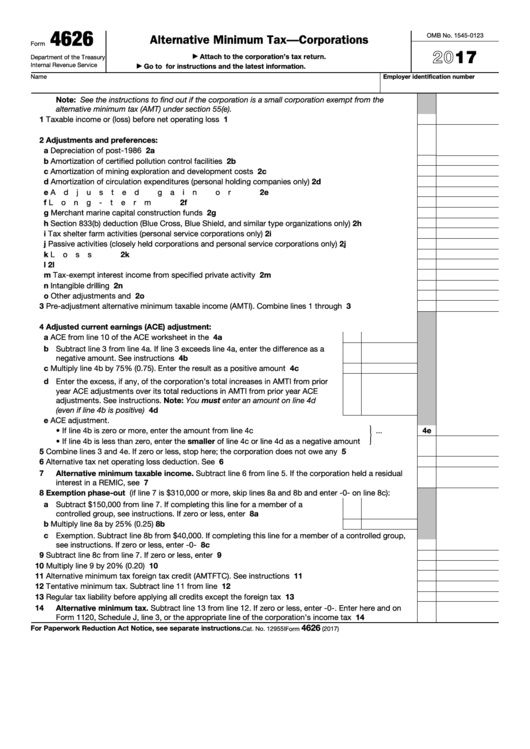 Fillable Form 4626 - Alternative Minimum Tax-Corporations - 2017 Printable pdf