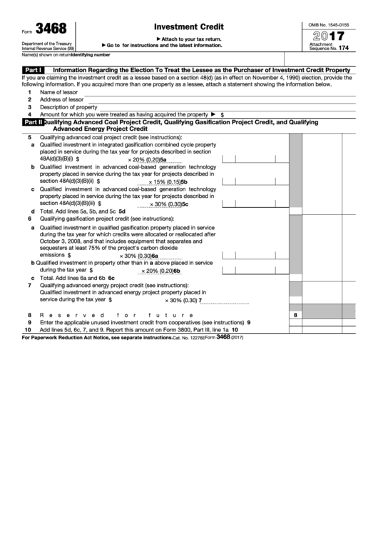 Fillable Form 3468 - Investment Credit - 2017 Printable pdf