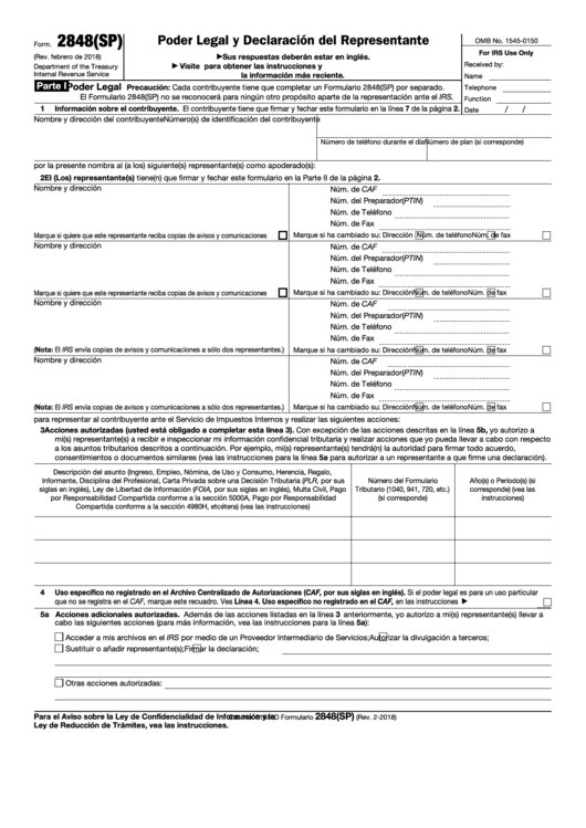 Fillable Form 2848 - Poder Legal Y Declaracion Del Representante Printable pdf