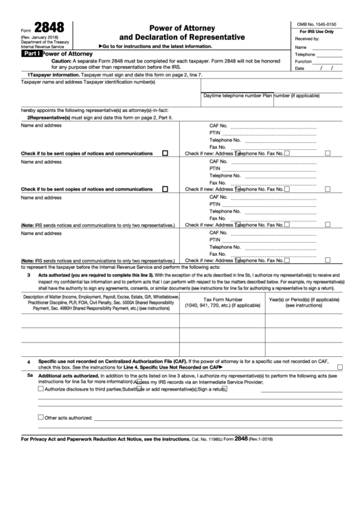 Fillable Form 2848 - Power Of Attorney And Declaration Of Representative Printable pdf