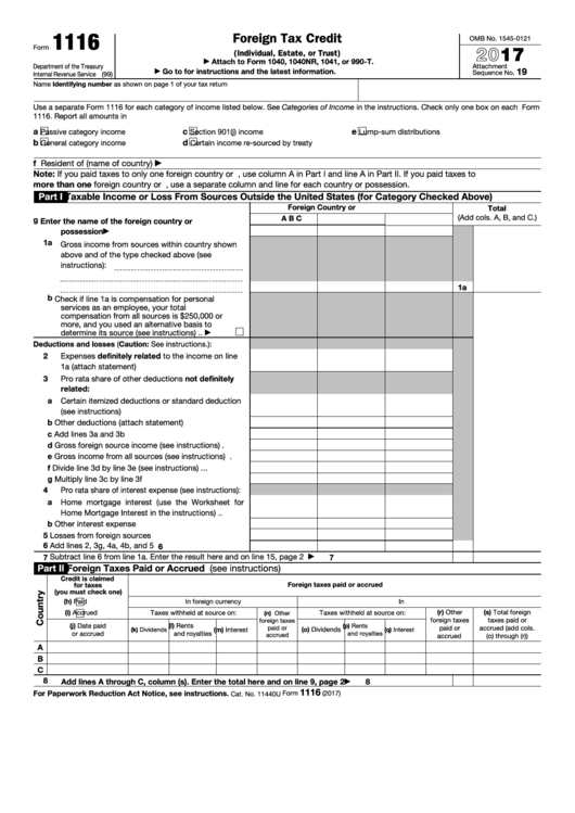 Fillable Form 1116 - Foreign Tax Credit - 2017 Printable pdf