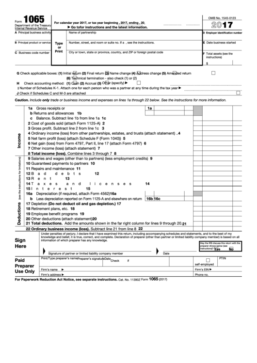 Fillable Form 1065 - U.s. Return Of Partnership Income - 2017 Printable pdf
