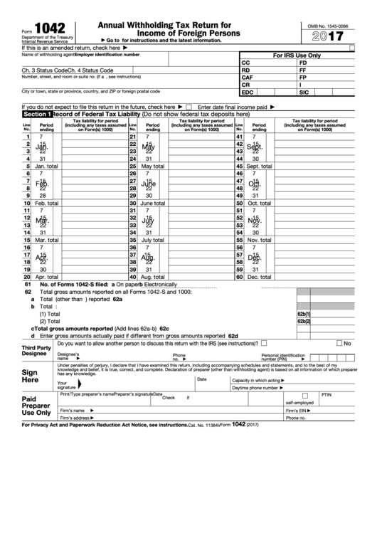 Fillable Form 1042 - Annual Withholding Tax Return For U.s. Source Income Of Foreign Persons - 2017 Printable pdf