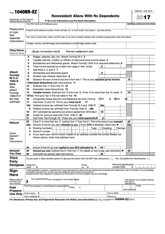 Fillable Form 1040nr-Ez - U.s. Income Tax Return For Certain Nonresident Aliens With No Dependents - 2017 Printable pdf