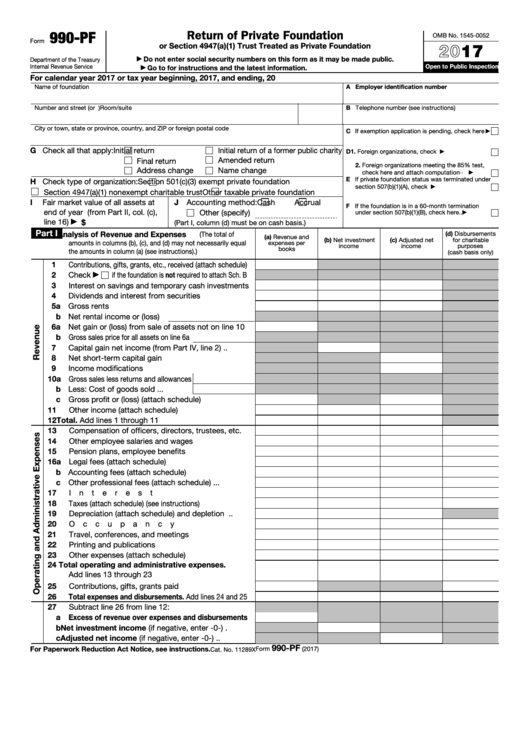 Fillable Form 990-Pf - Return Of Private Foundation - 2017 Printable pdf