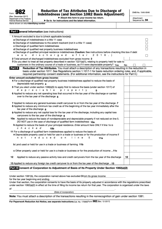 Fillable Form 982 - Reduction Of Tax Attributes Due To Discharge Of Indebtedness (And Section 1082 Basis Adjustment) Printable pdf