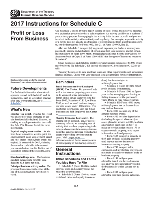 Instructions For Schedule C Profit Or Loss From Business 2017 