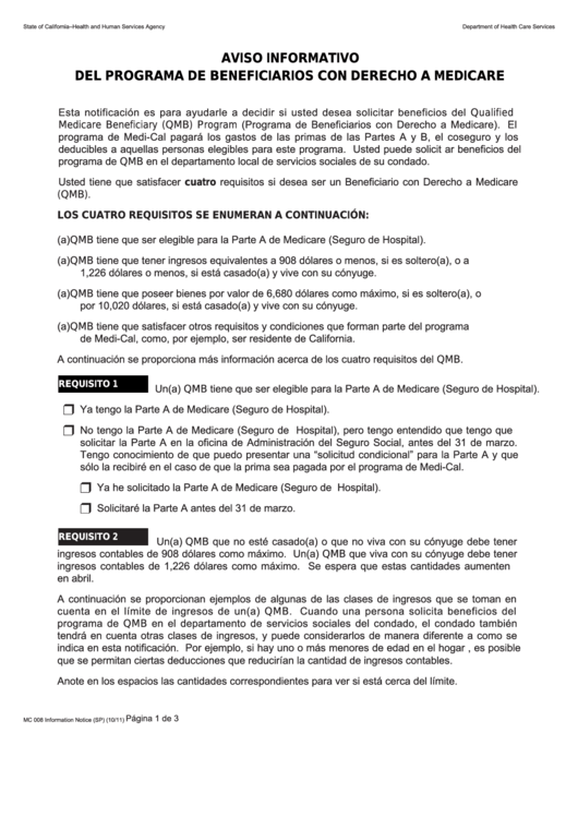 Form Mc 008 - Viso Informativo Del Programa De Beneficiarios Con Derecho A Medicare Printable pdf