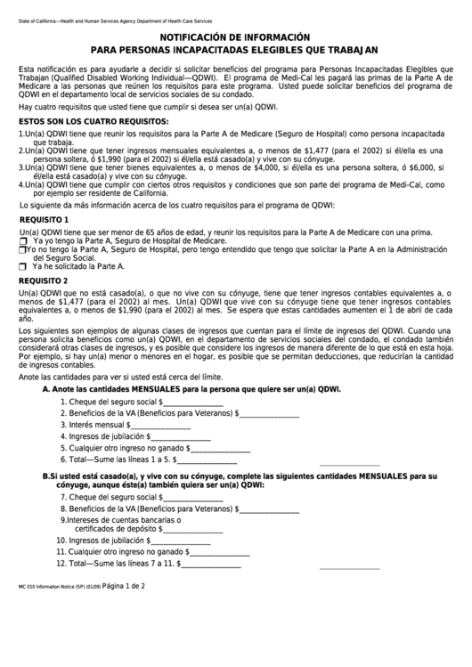 Form Mc 010 - Notificacion De Informacion Para Personas Incapacitadas Elegibles Que Trabajan Printable pdf