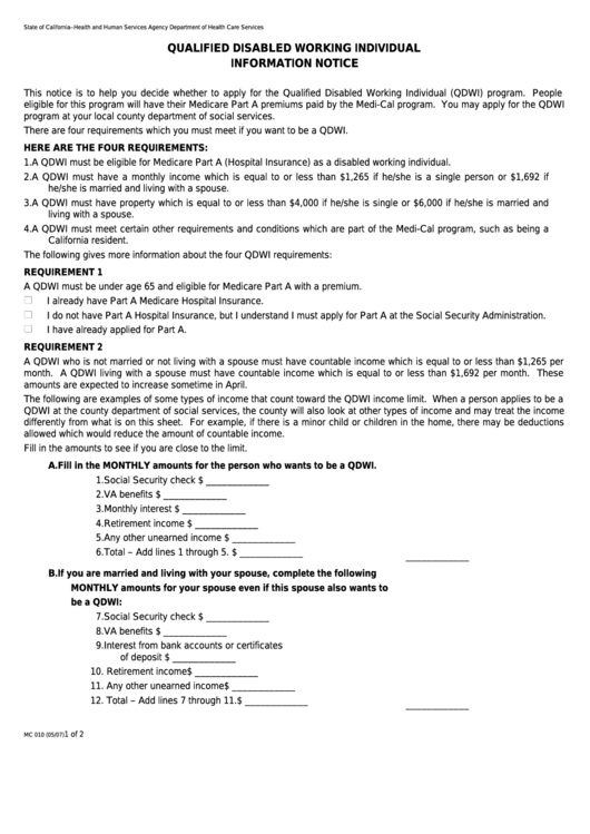 Fillable Form Mc 010 - Qualified Disabled Working Individual Information Notice Printable pdf