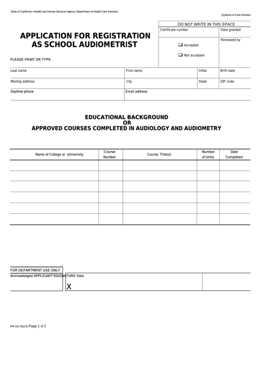Fillable Form Pm 101 - Application For Registration As School Audiometrist - California Department Of Health Care Services Printable pdf