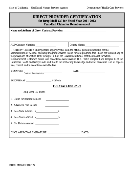 Form Mc 6002 - Direct Provider Certification Printable pdf
