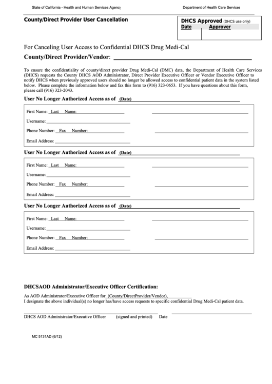 Fillable Form Mc 5131ad - County/direct Provider User Cancellation Printable pdf