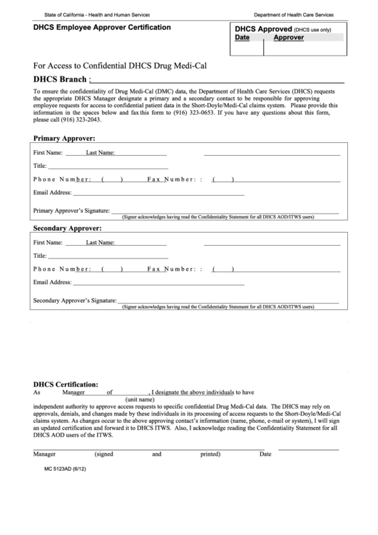 Fillable Form Mc 5123ad - Dhcs Employee Approver Certification Printable pdf