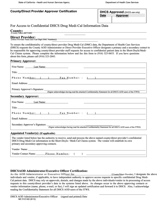Fillable Form Mc 5121ad - County/direct Provider Approver Certification Printable pdf