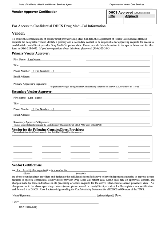 Fillable Form Mc 5120ad - Vendor Approver Certification Printable pdf
