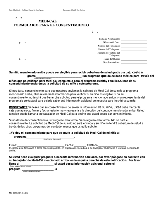 Form Mc 4035 - Medi-Cal Formulario Para El Consentimiento Printable pdf