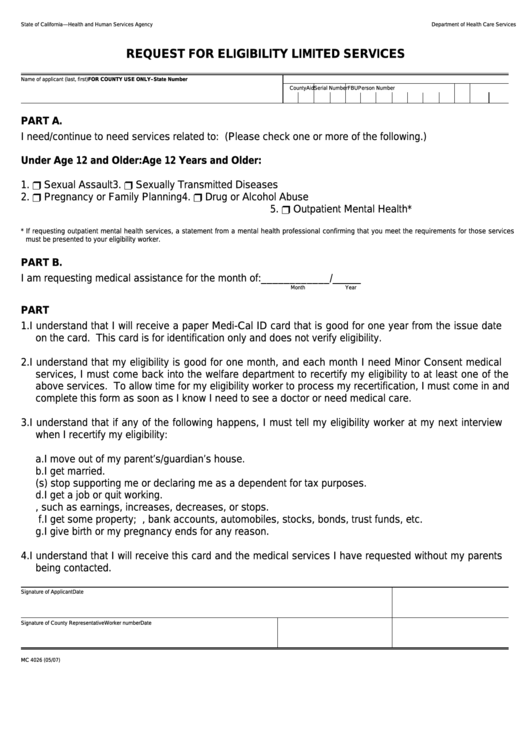 Fillable Form Mc 4026 - Request For Eligibility Limited Services Printable pdf