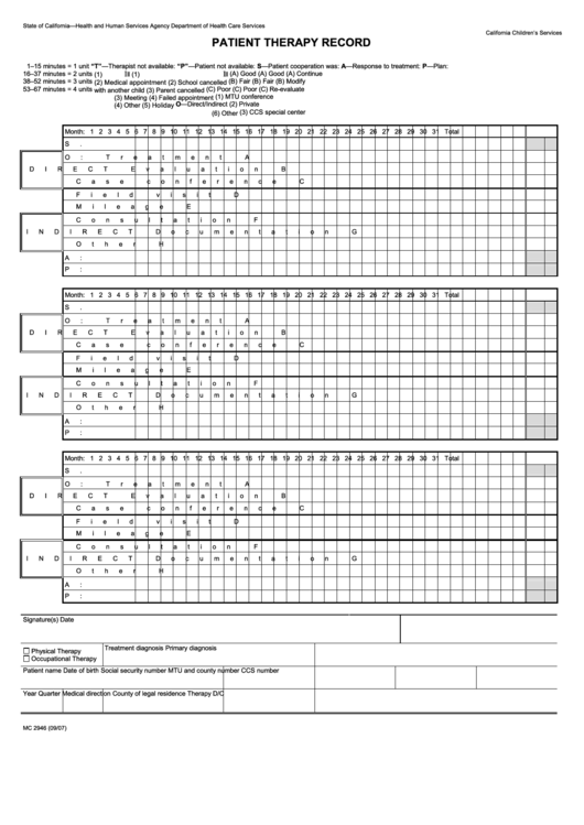 Form Mc 2946 - Patient Therapy Record Printable pdf