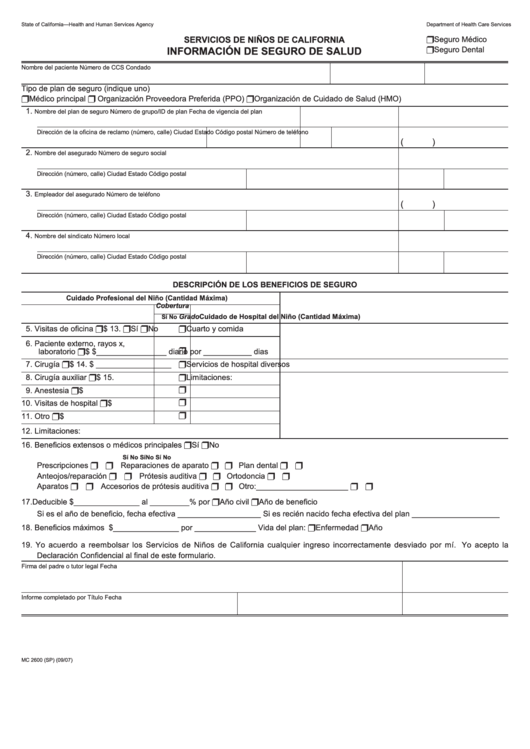 Fillable Form Mc 2600 - Informacion De Seguro De Salud Printable pdf