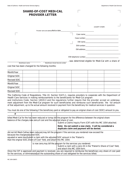 Form Mc 1054 ShareOfCost MediCal Provider Letter printable pdf