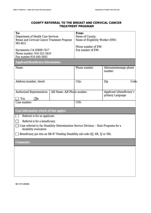 Fillable Form Mc 373 - County Referral To The Breast And Cervical Cancer Treatment Program Printable pdf