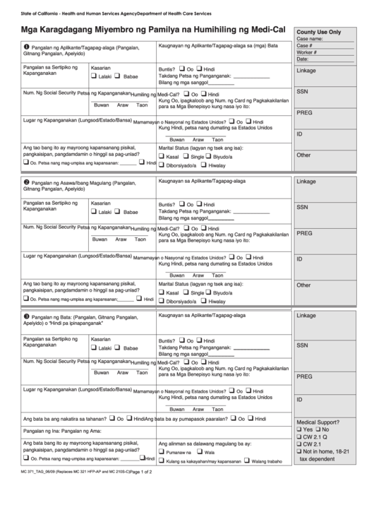 Form Mc 371 - Additional Family Members Requesting Medi-Cal (Tagalog) Printable pdf
