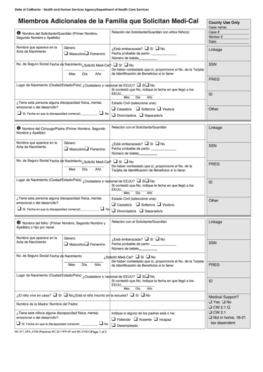 Form Mc 371 - Miembros Adicionales De La Familia Que Solicitan Medi-Cal Printable pdf